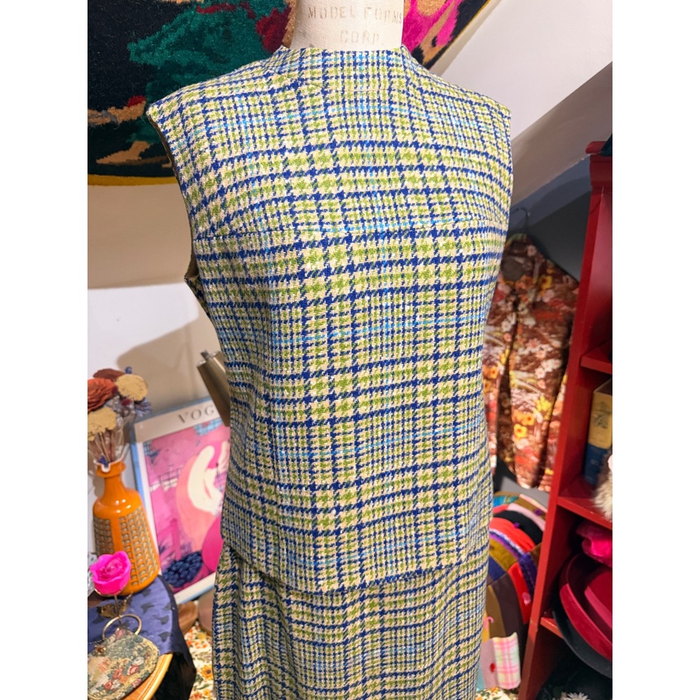 Vintage 60s Pendleton 3pc Wool Skirt Suit Blue Green Houndstooth Plaid Size 16 - Picture 4 of 10